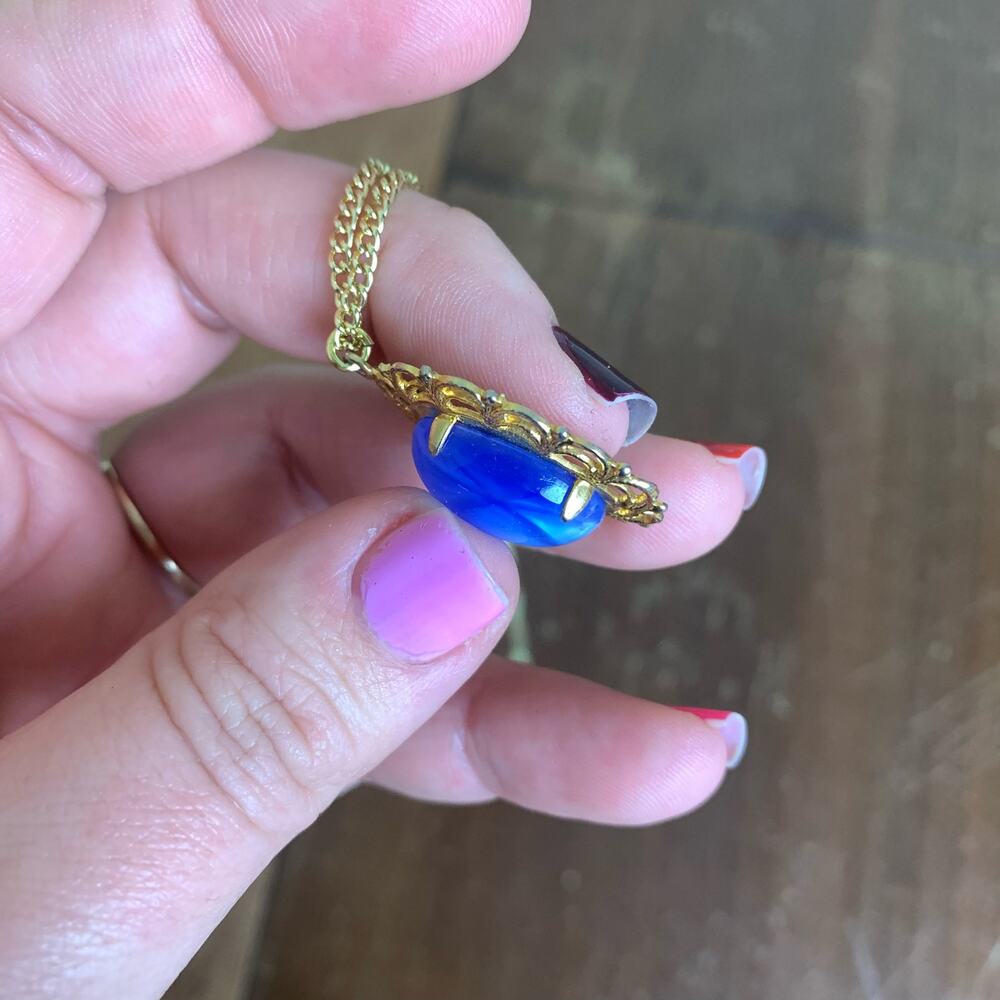 Vintage Germany Genuine Blue star glass cabochon gold filigree‎ pendant necklace - Picture 3 of 8
